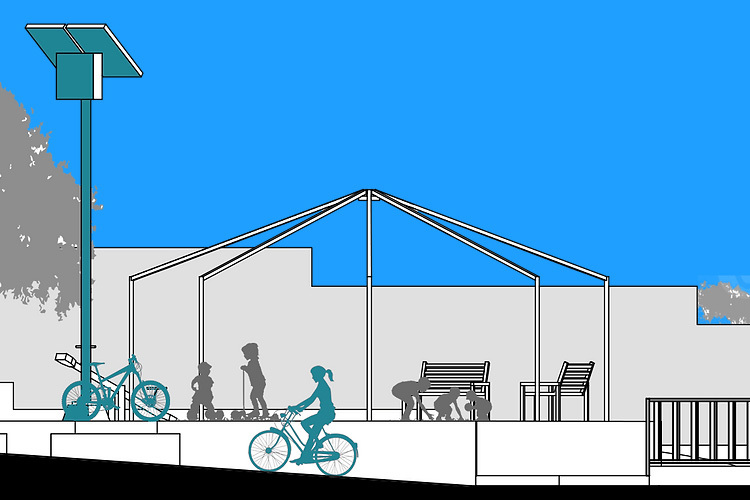 Ilustración de una comunidad con un panel solar y bicicletas