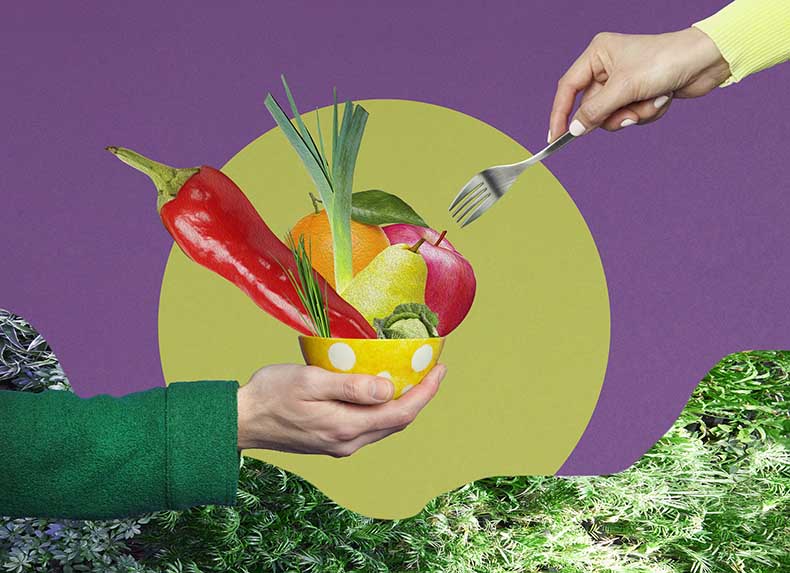 illustration of two hands eating bowl of vegetables