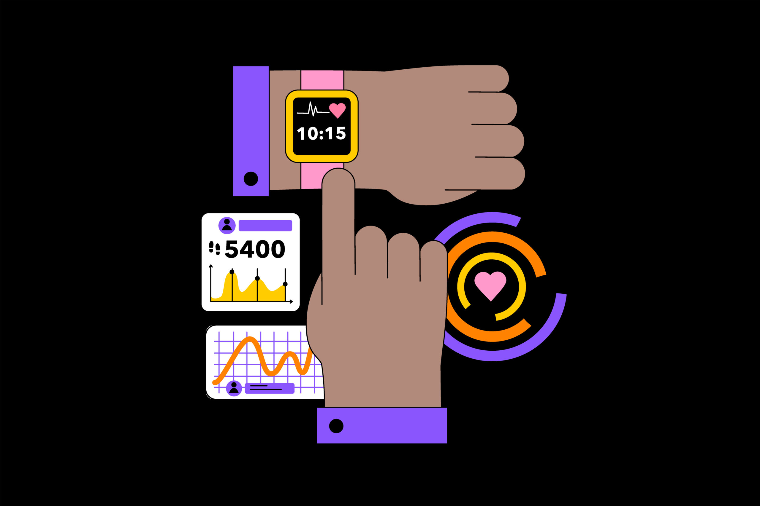 Ilustración que muestra un reloj inteligente y gráficas de estadísticas y análisis de datos.