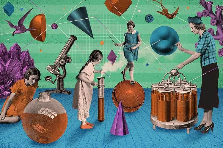 ilustracion conceptual de mujeres y niñas trabajando en un laboratorio