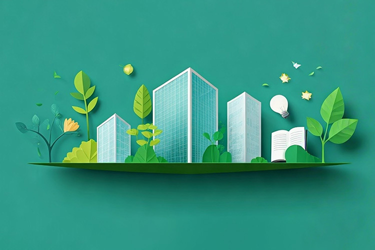 sostenibilidad empresarial ilustracion de empresas edificios con un fondo verde medioambiente