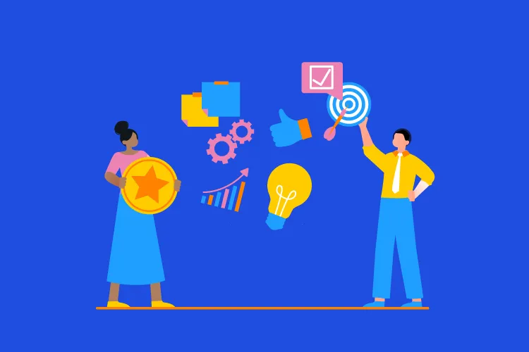 ilustracion de con un hombre y una mujer señalando íconos de habilidades blandas como negociación y comunicación