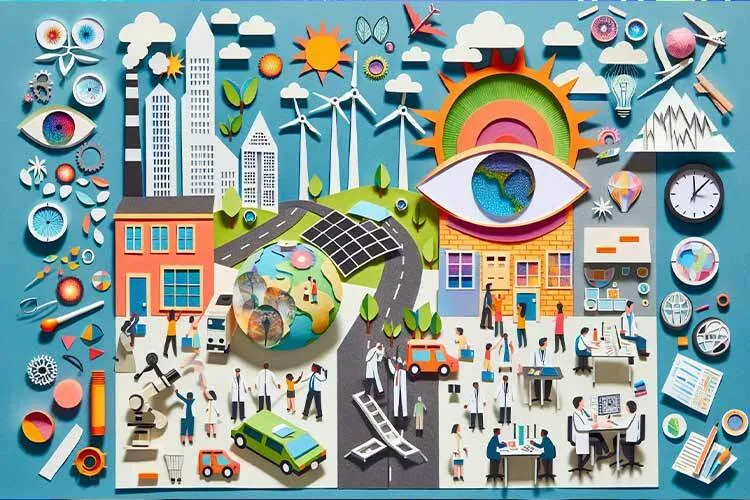 ilustracion de una ciudad con edificios altos generadores de energia solar y bicicletas