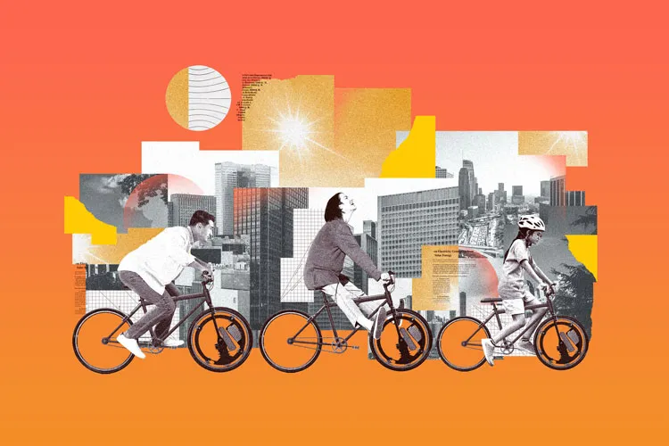 Ilustración de tres personas andando en una bicicleta eléctrica