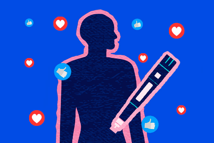 Ilustración que muestra a una persona expuesta a una representación de un medicamento para la diabetes, pero se encuentra rodeada de corazones propios de las redes sociales