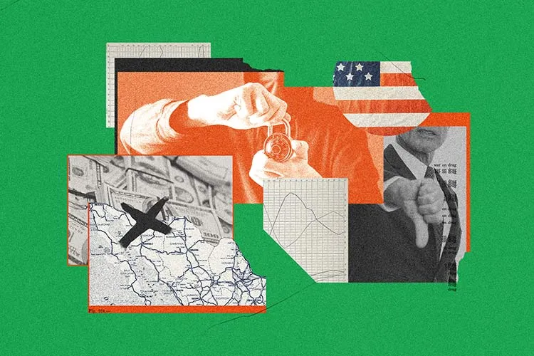 ilustracion conceptual de una bandera americana y un pulgar abajo