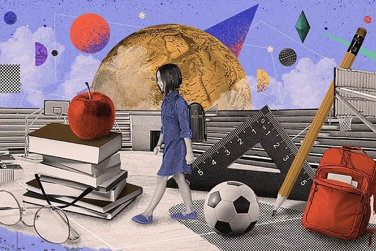 imagen conceptual que muestra a una niña caminando entre libros y lunas