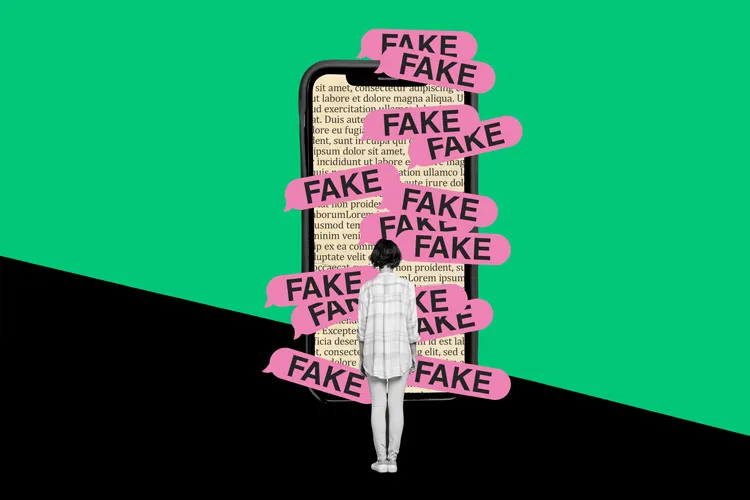 ilustración de una persona enfrente de un celular gigante, con cintas que dicen falso