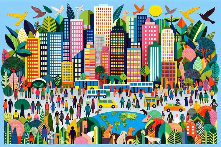 Ilustración de una ciudad con muchos animales y personas conviviendo