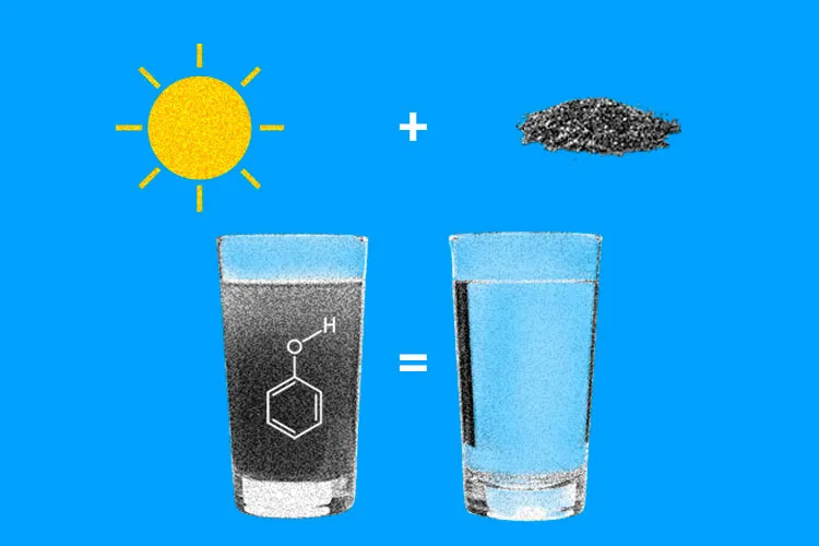 Rayos de sol, metales de hierro y vasos de agua sucia y limpia