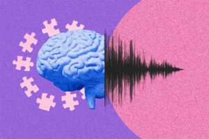 Fotoarte con elementos como un rompecabezas, un cerebro y la representación de ondas de sonido