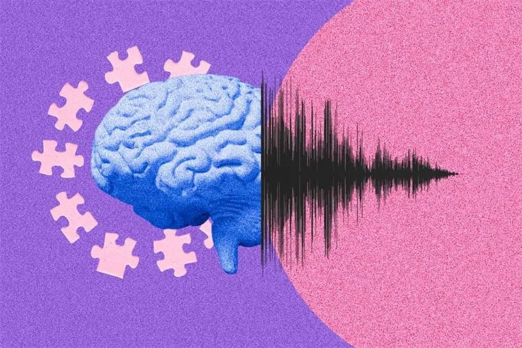 Fotoarte con elementos como un rompecabezas, un cerebro y la representación de ondas de sonido