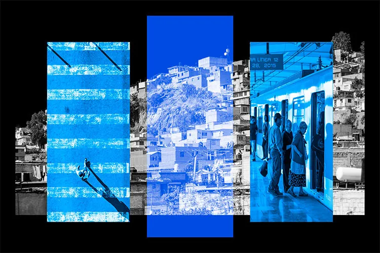 La imagen combina casas de una zona marginada con ejemplos de infraestructura urbana