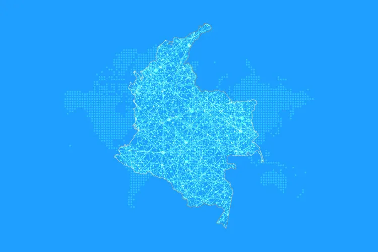 Mapa ilustrado de Colombia con líneas azules que muestran rutas de tráfico.