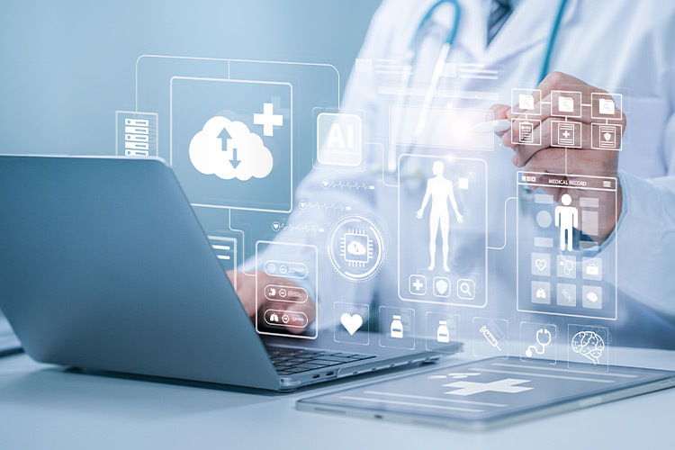 Ilustración de un médico con bata leyendo algo en su computadora con símbolos tecnológicos dibujados encima