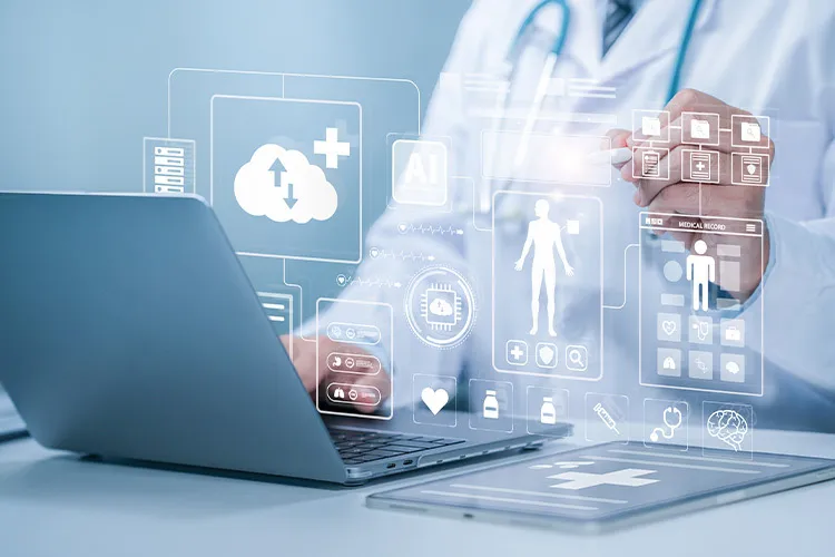 Ilustración de un médico con bata leyendo algo en su computadora con símbolos tecnológicos dibujados encima