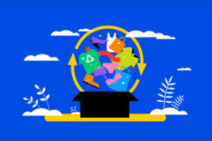 ilustración que destaca l consumo con camisetas, zapatos, bikini, bolsas