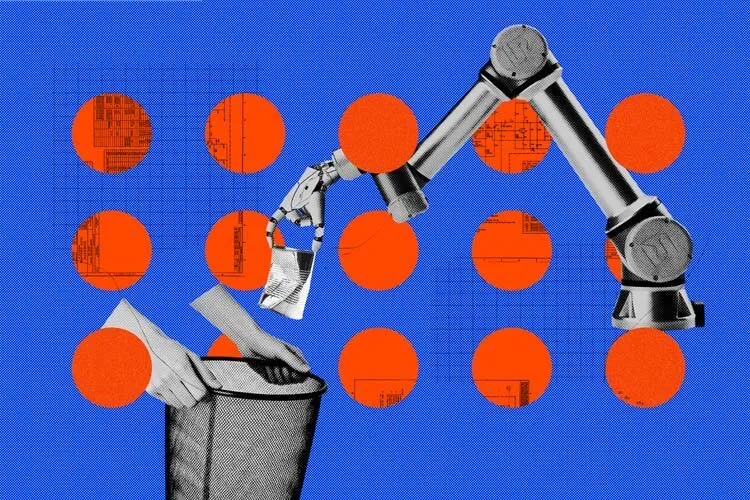 Brazo robótico deposita un objeto en un cesto, ilustrando el papel de la automatización en la transición hacia la Industria 5.0 con enfoque en bienestar y sostenibilidad.