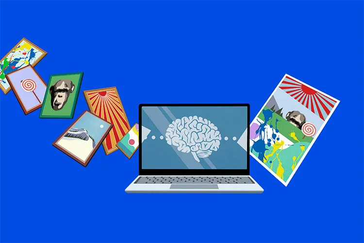 Se ve una computadora que recibe información de distintas aplicaciones que pasan por cerebro antes de generar una imagen final