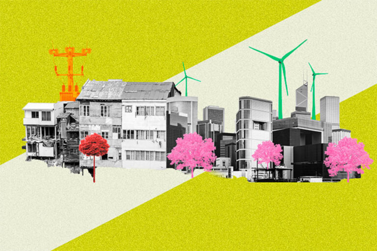 ilustración de una ciudad con casas, edificios, árboles, instalaciones de energía eólica