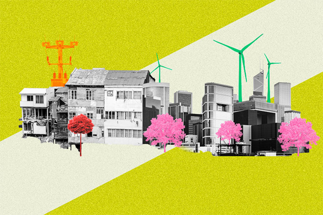 ilustración de una ciudad con casas, edificios, árboles, instalaciones de energía eólica