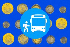 Ilustración de un ícono de transporte pública, rodeado de monedas