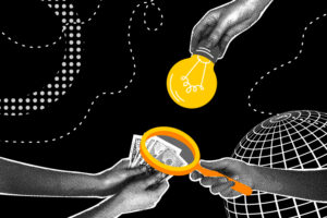 Ilustración de un foco y una lupa analizando una mano con dinero