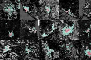 Mosaico de imágenes satelitales de nueve ciudades mexicanas mostrando zonas urbanas en rosa y áreas de expansión en verde