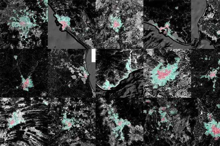 Mosaico de imágenes satelitales de nueve ciudades mexicanas mostrando zonas urbanas en rosa y áreas de expansión en verde