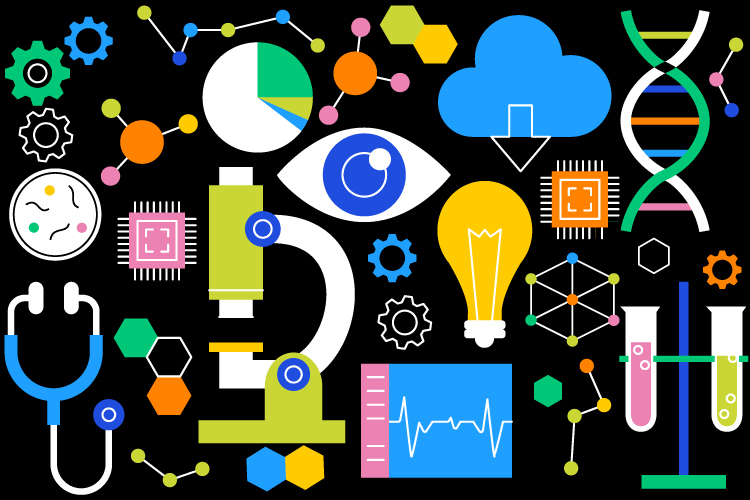 "Ilustración de íconos de ciencia y tecnología: microscopio, ADN, chip electrónico y tubos de ensayo, representando la transferencia de tecnología del Tec de Monterrey"