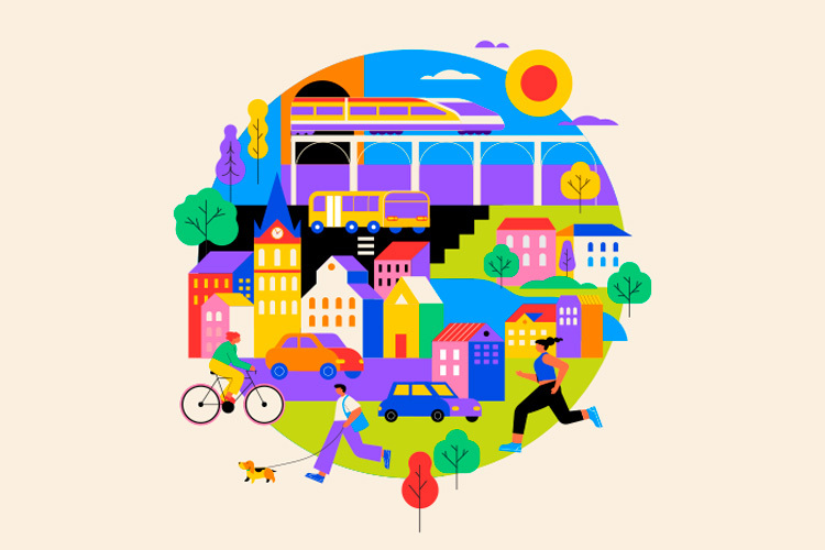 ilustración colorida con elementos de una ciudad