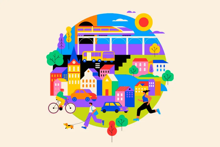ilustración colorida con elementos de una ciudad