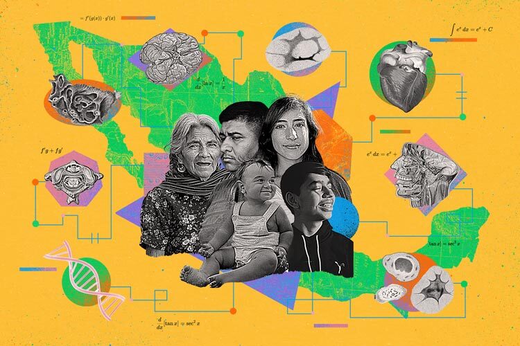 Ilustración de una familia mexicana de varias generaciones sobre un mapa de México, rodeada de órganos humanos, ADN y fórmulas, en alusión al análisis del ADN de 100,000 mexicanos