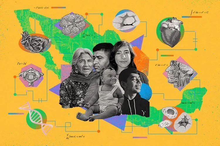 Ilustración de una familia mexicana de varias generaciones sobre un mapa de México, rodeada de órganos humanos, ADN y fórmulas, en alusión al análisis del ADN de 100,000 mexicanos