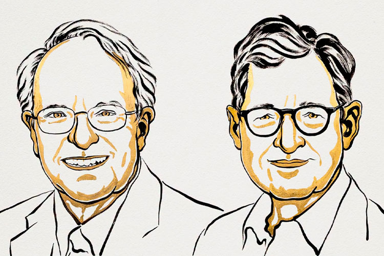 Ilustración de los economistas Robert E. Hall y Michael Woodford, ganadores del Nobel de Economía 2026.