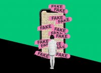 ilustración de una persona enfrente de un celular gigante, con cintas que dicen falso
