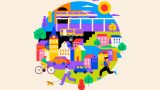 ilustración colorida con elementos de una ciudad