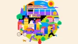 ilustración colorida con elementos de una ciudad