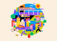 ilustración colorida con elementos de una ciudad