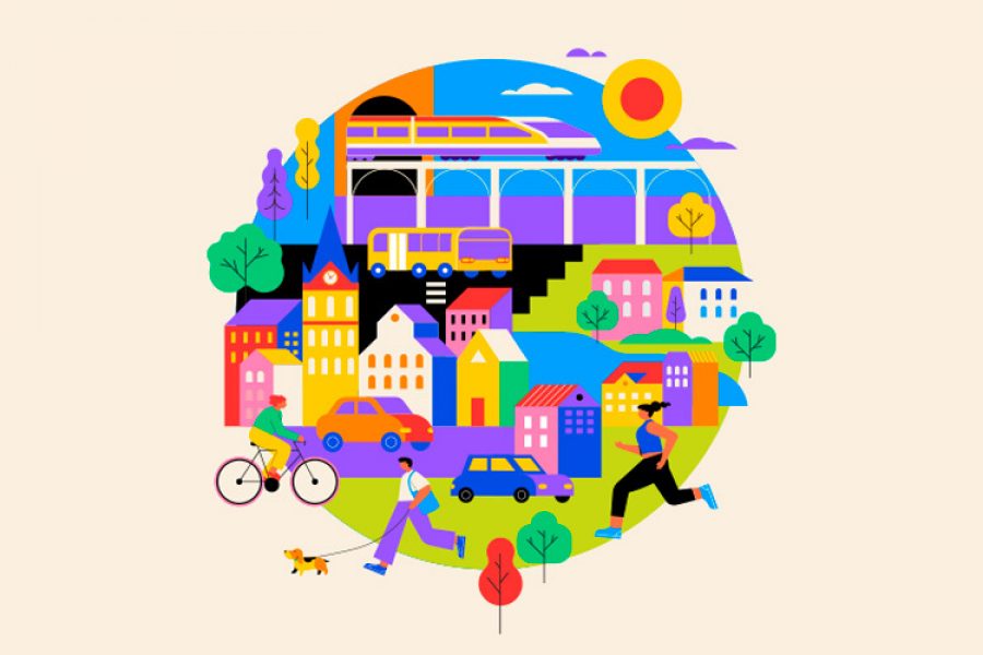 ilustración colorida con elementos de una ciudad