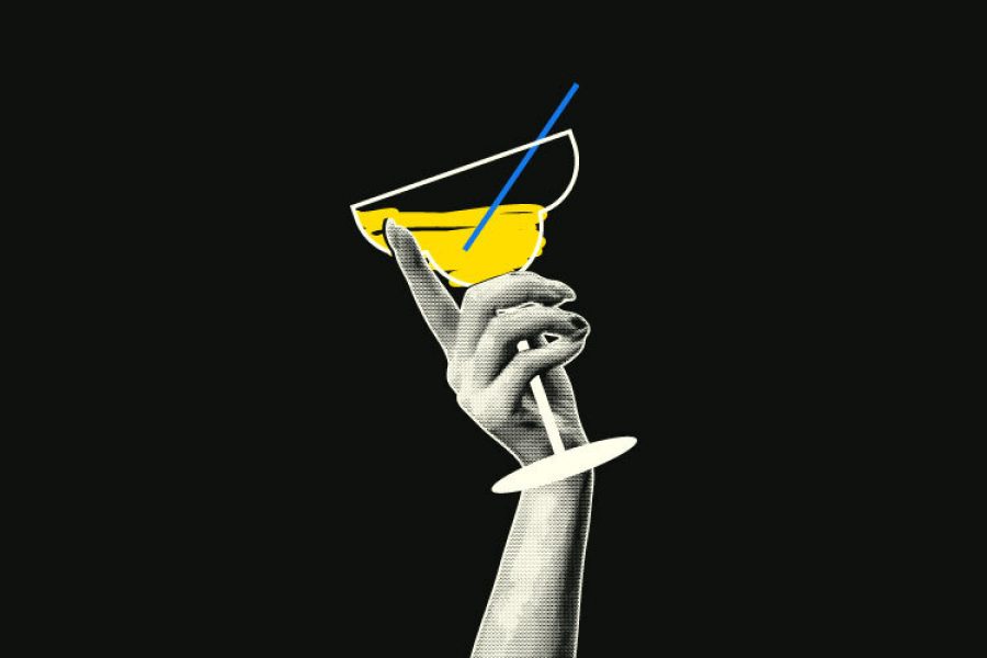 Ilustración de una mano sosteniendo un martini