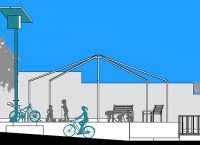 Ilustración de una comunidad con un panel solar y bicicletas