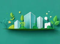 sostenibilidad empresarial ilustracion de empresas edificios con un fondo verde medioambiente