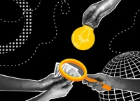 Ilustración de un foco y una lupa analizando una mano con dinero
