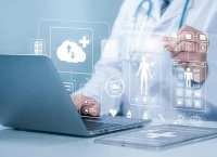 Ilustración de un médico con bata leyendo algo en su computadora con símbolos tecnológicos dibujados encima