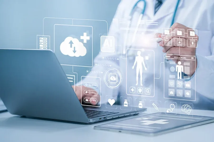 Ilustración de un médico con bata leyendo algo en su computadora con símbolos tecnológicos dibujados encima