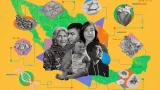 Ilustración de una familia mexicana de varias generaciones sobre un mapa de México, rodeada de órganos humanos, ADN y fórmulas, en alusión al análisis del ADN de 100,000 mexicanos