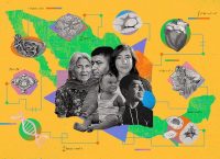 Ilustración de una familia mexicana de varias generaciones sobre un mapa de México, rodeada de órganos humanos, ADN y fórmulas, en alusión al análisis del ADN de 100,000 mexicanos