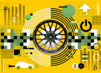 Ilustración de rueda de automovil con elementos de electromovilidad