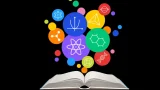 ilustración de un libro con elementos científicos